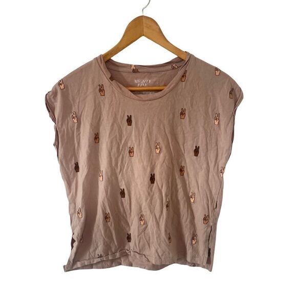 Mighty Fine Tan Peace Sign Graphic Cap Sleeve Cotton T-Shirt - Picture 1 of 6
